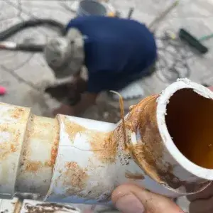 Severely corroded PVC pool plumbing pipe section removed during leak repair, showing rust and scaling